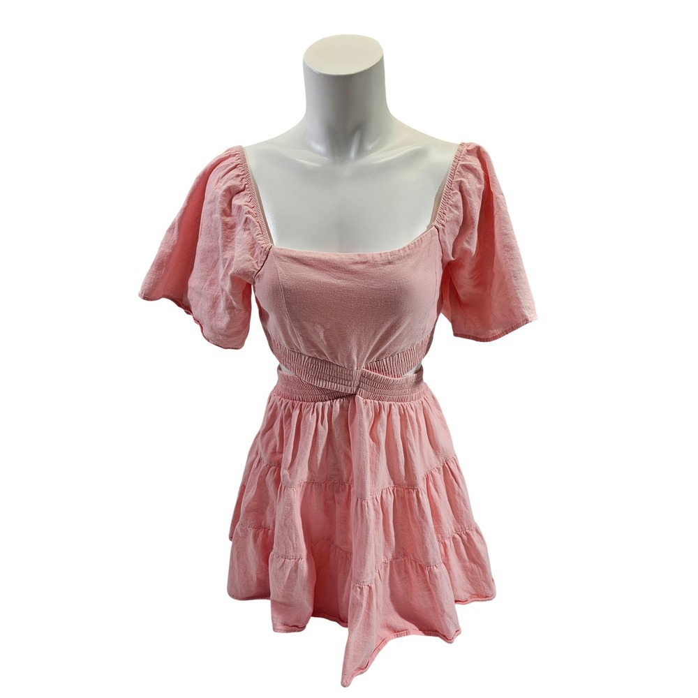 Shy Velvet Cutout Tiered Mini Dress Womens Small Pink 100% Cotton Smocked Back